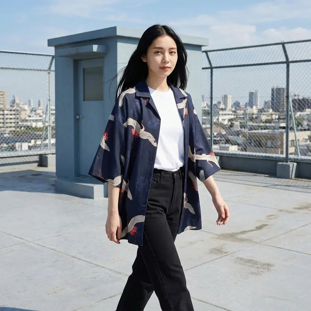La veste kimono à motif de grues portée sur un toit-terrasse, mettant en valeur ses manches courtes et amples