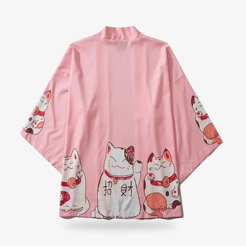 Veste kimono rose ornée du motif maneki neko
