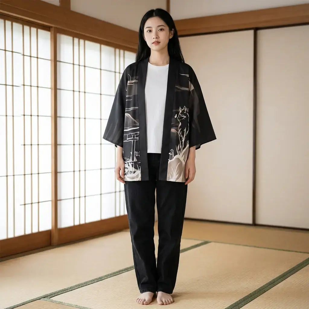 Veste Kitsune porté par un homme dans une pièce japonaise traditionnelle, vue de face