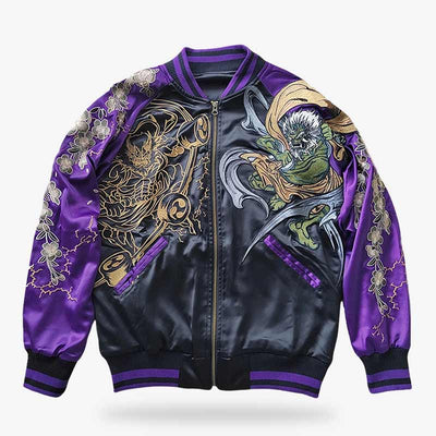 Blouson brodé Raijin inspiré du dieu japonais du tonnerre aux motifs audacieux