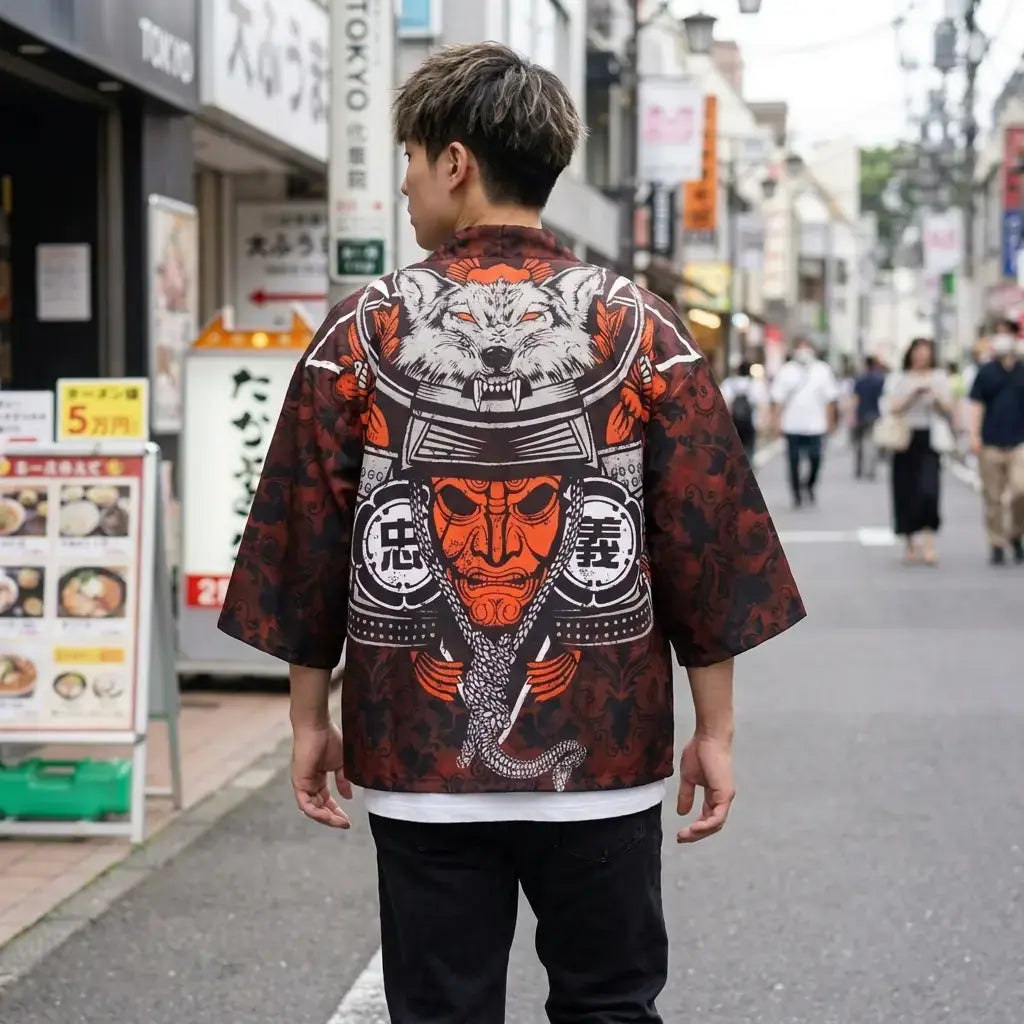 Veste Samourai porté par un homme dans une pièce japonaise traditionnelle, vue de face