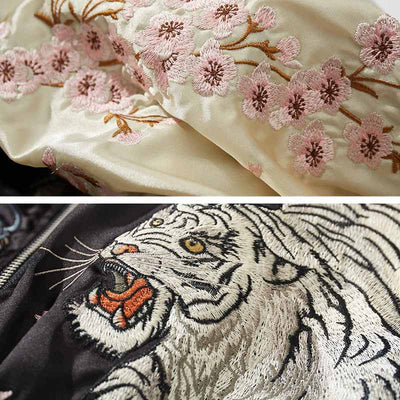 Personne portant une veste souvenir japonaise à motifs floraux et broderies dragon-tigre