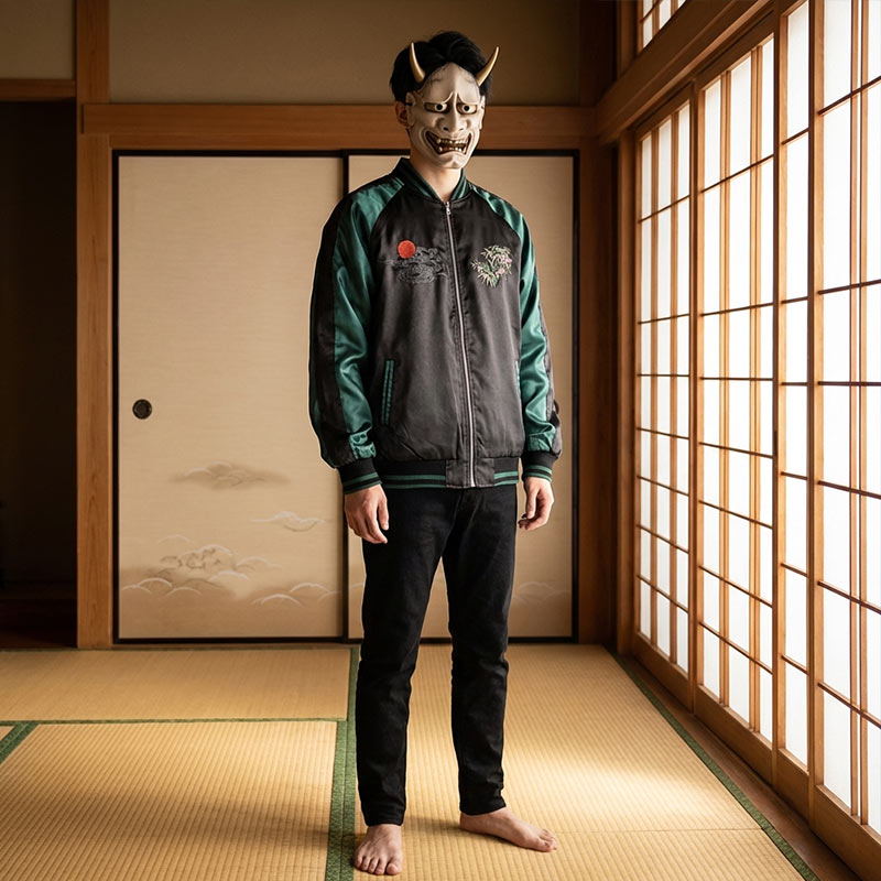 Veste souvenir japonaise verte à broderies