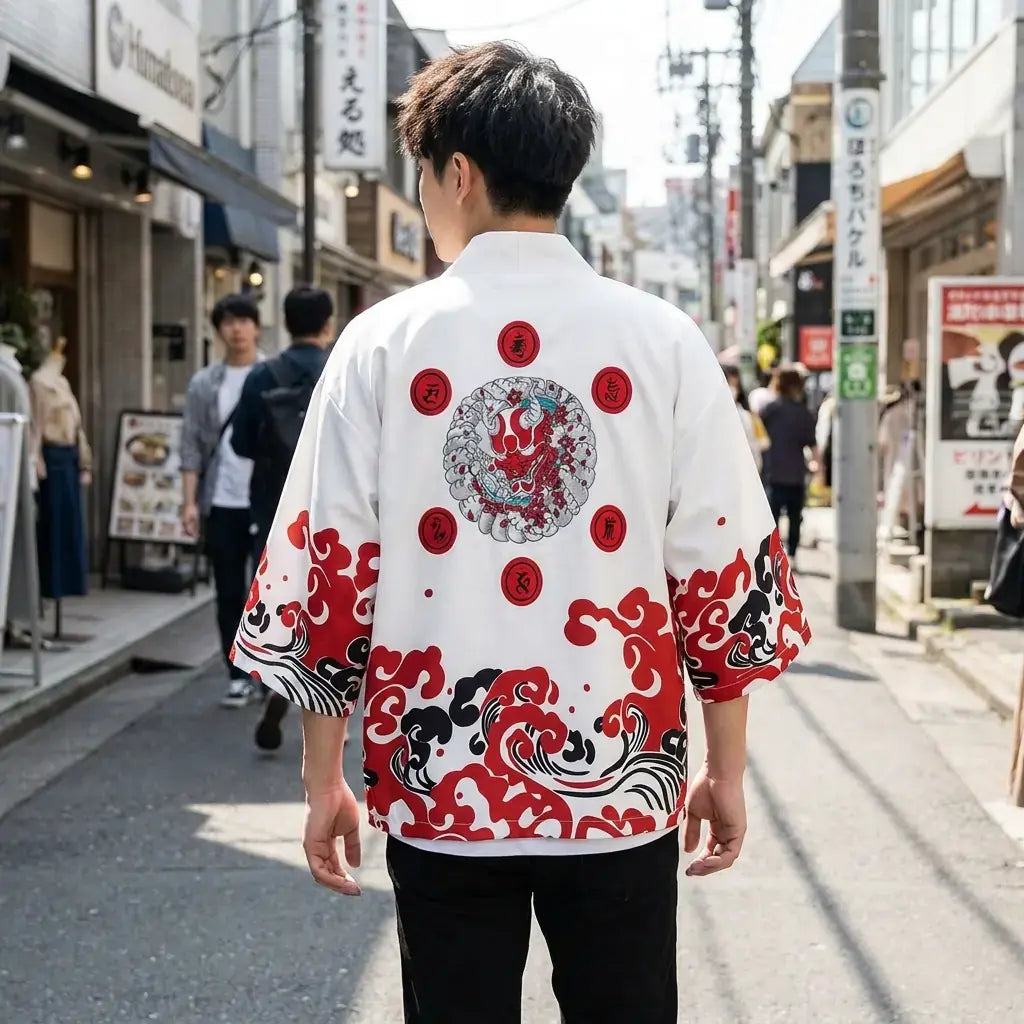 Veste Style Kimono Homme porté par un homme dans une pièce japonaise traditionnelle, vue de face