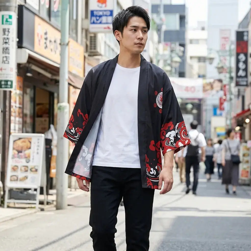 Veste Style Kimono Homme porté par un homme dans une pièce japonaise traditionnelle, vue de face