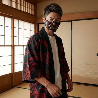 Veste Style Kimono Homme porté par un homme dans une pièce japonaise traditionnelle, vue de face