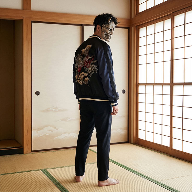 Veste sukajan brodée portée avec un masque japonais traditionnel dans une pièce washitsu