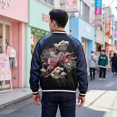 Veste sukajan Kirin brodée portée dans une rue de Harajuku