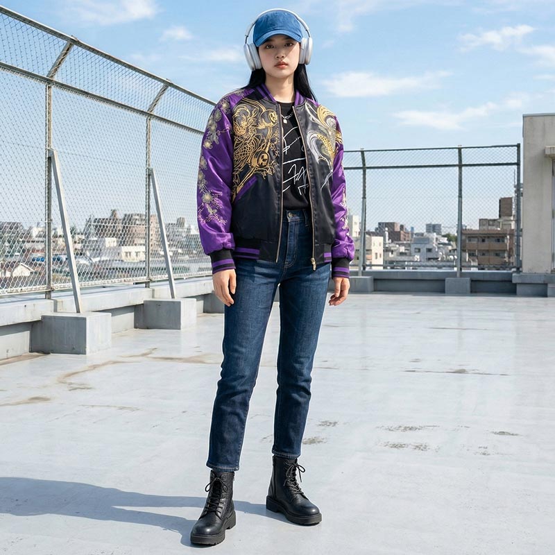 Veste Sukajan Raijin brodée portée sur un rooftop d'école japonaise avec vue sur Tokyo