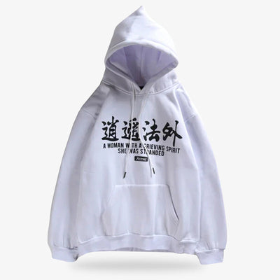 Le hoodie Oni blanc est orné de lettres japonaises noires imprimées sur coton