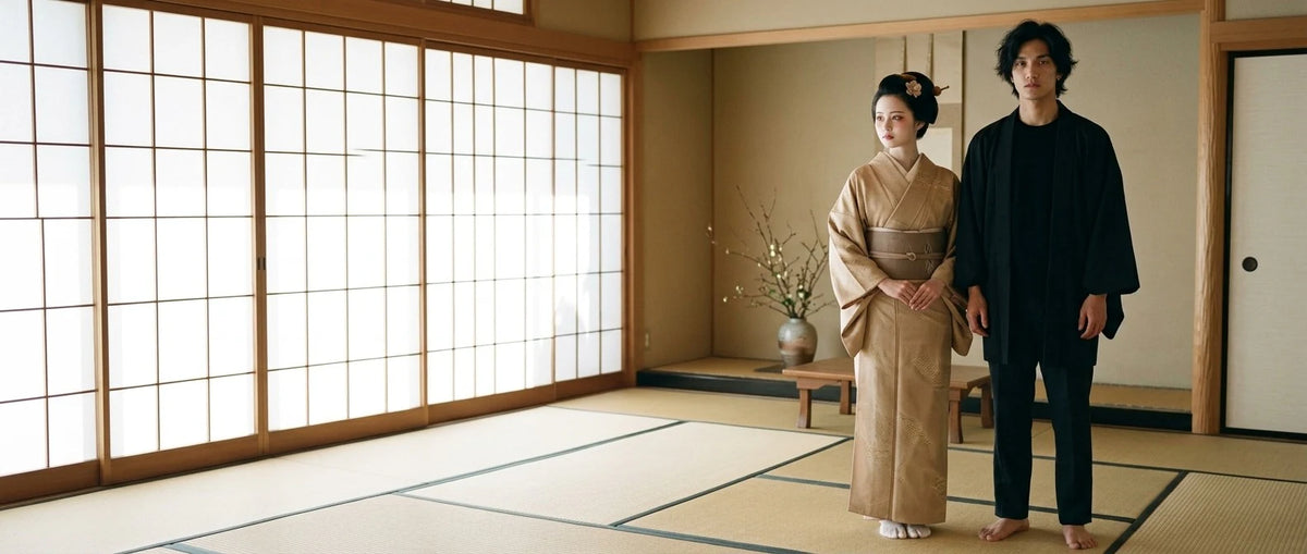 Couple dans une pièce washitsu : elle en kimono japonais beige, lui en haori noir