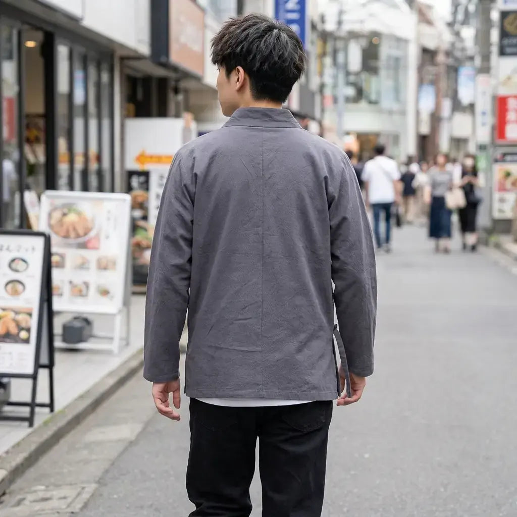 Vêtement Traditionnel Japonais porté par un homme dans une pièce japonaise traditionnelle, vue de face
