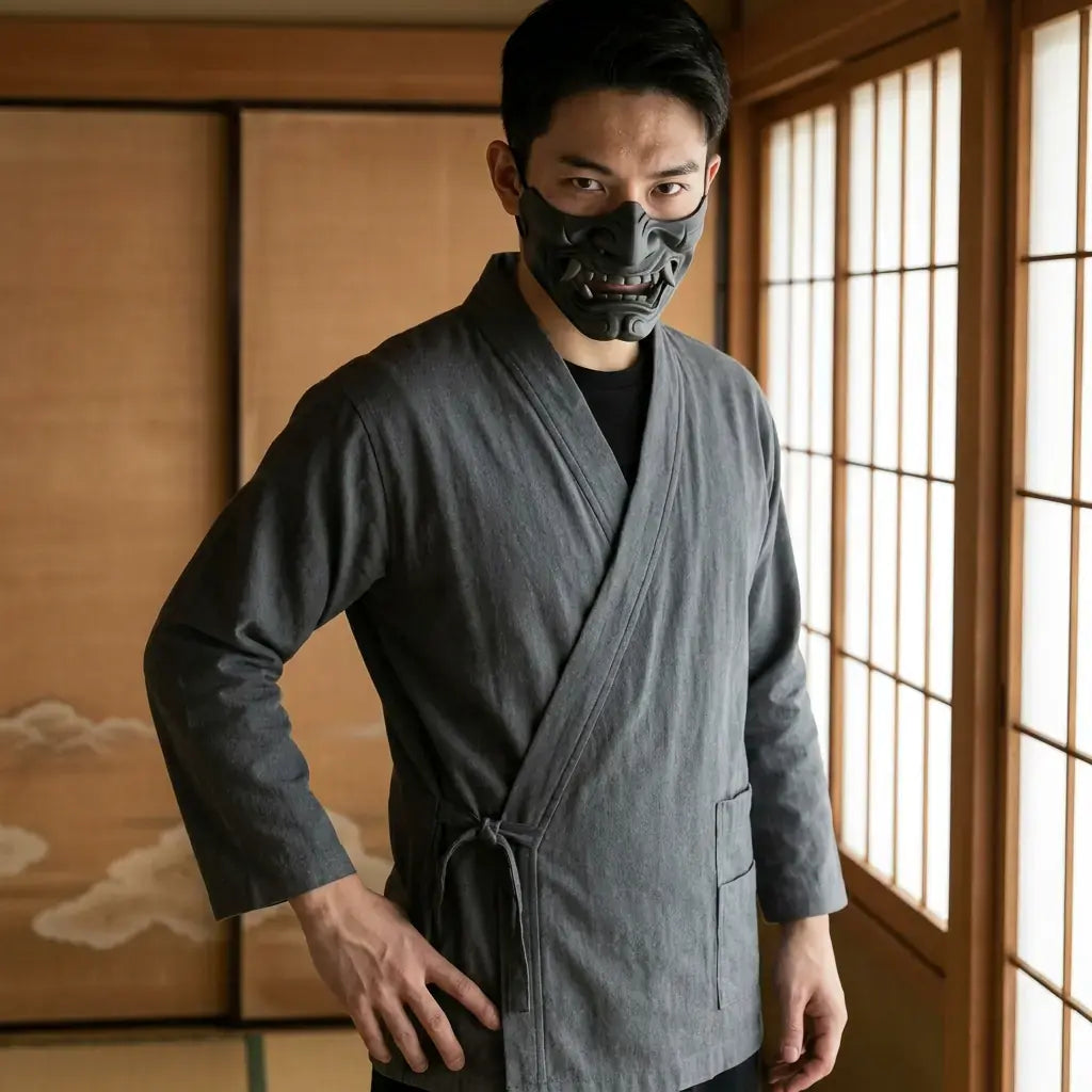 Vêtement Traditionnel Japonais porté par un homme dans une pièce japonaise traditionnelle, vue de face