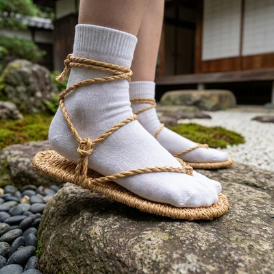 Sandales Waraji vues de trois quarts, portées