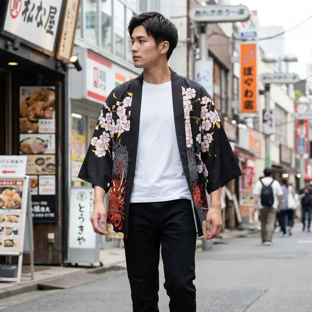 Kimono Wool Haori porté par un homme dans une pièce japonaise traditionnelle, vue de face