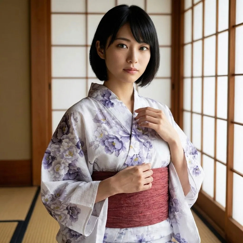 Vue de face du yukata femme blanc montrant la fermeture croisée