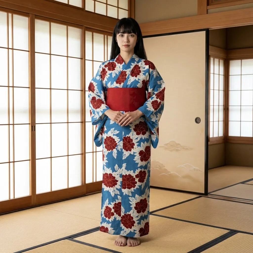 Yukata bleu à imprimé pivoine porté de face, vue en pied