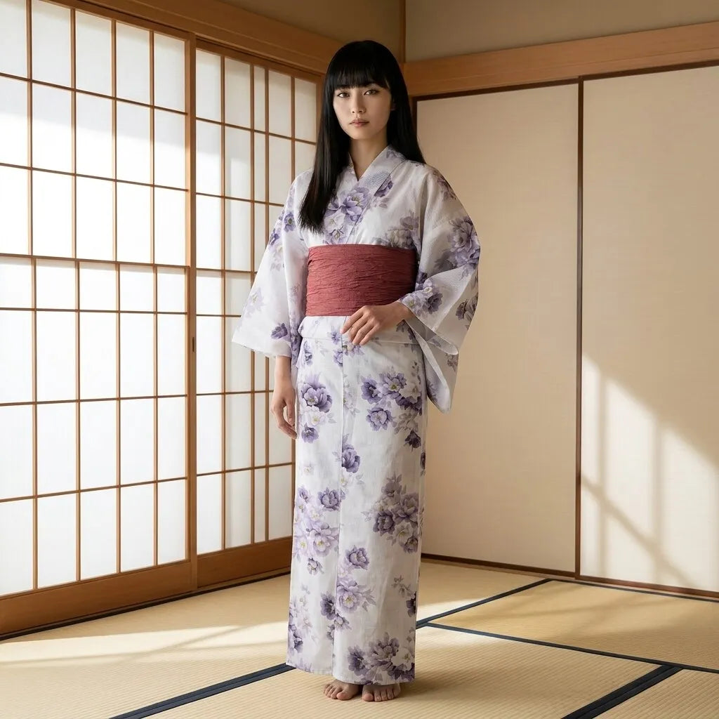 Yukata femme blanc à motif de pivoine porté en robe portefeuille