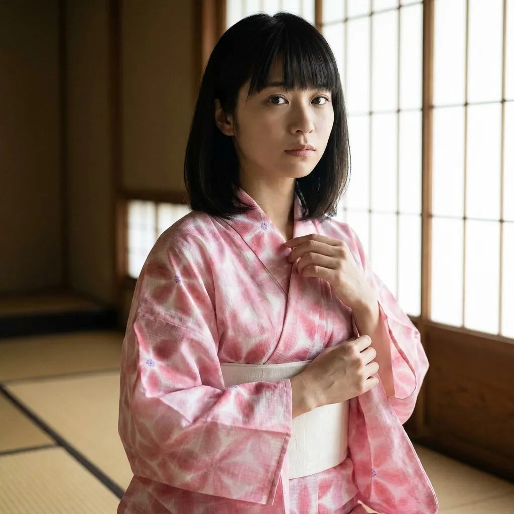 Yukata femme rose asanoha porté manches ouvertes, motif géométrique visible