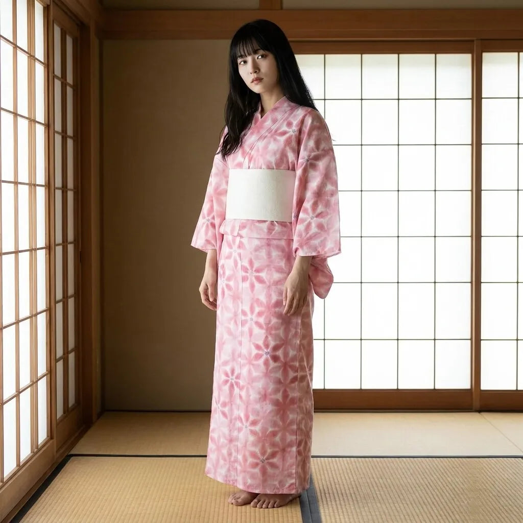 Yukata femme rose à motif asanoha porté de face