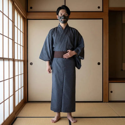 Yukata gris homme porté avec un pantalon décontracté