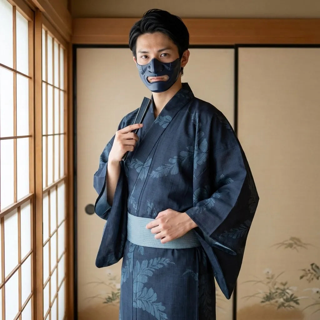 Yukata homme bleu marine, détail du tissu et des manches amples