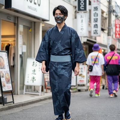 Yukata homme bleu marine porté, silhouette complète