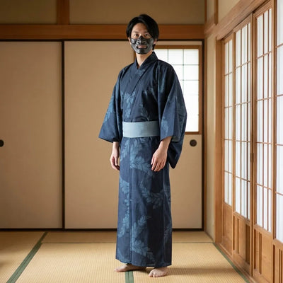 Yukata homme bleu marine motif botanique, vue de face
