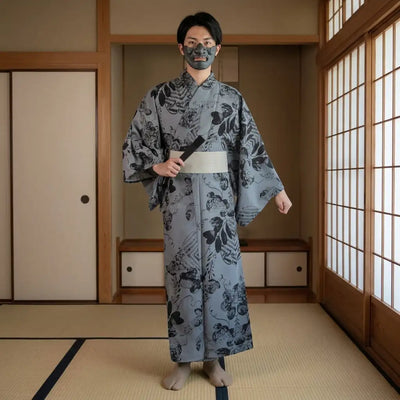 Yukata homme botanique gris-bleu style ryokan