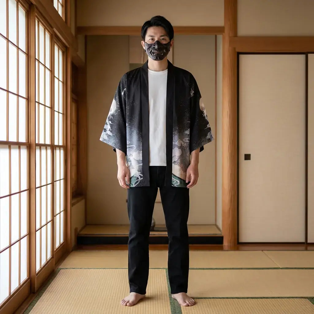 Yume Yukata porté par un homme dans une pièce japonaise traditionnelle, vue de face