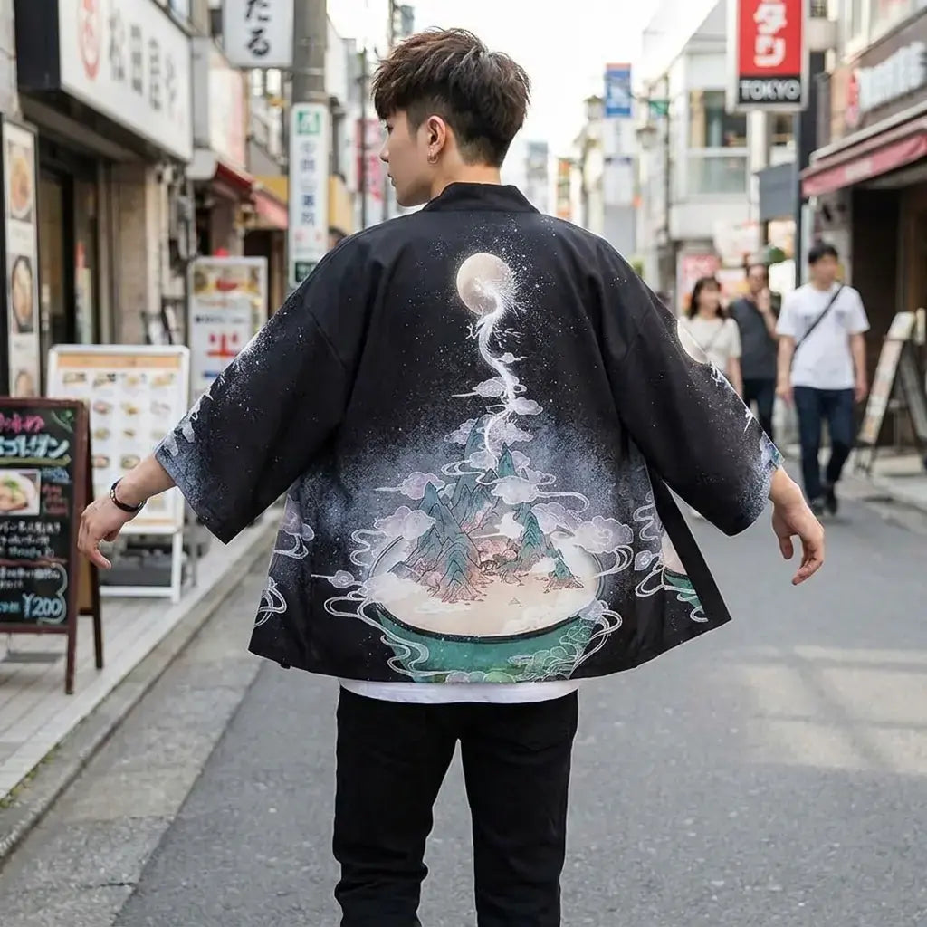 Yume Yukata porté par un homme dans une pièce japonaise traditionnelle, vue de face