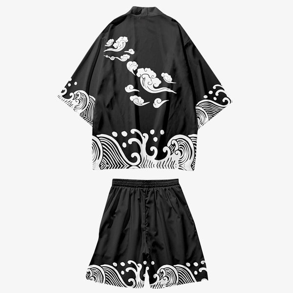 ensemble kimono short pour homme et pour femme de couleur noir et blanc. Motif japonais vague et nuage