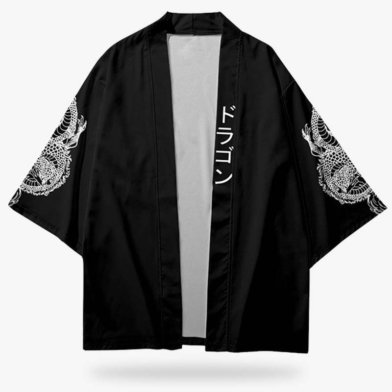 Veste kimono haori homme couleur noir avec motif dragon japonais et kanji