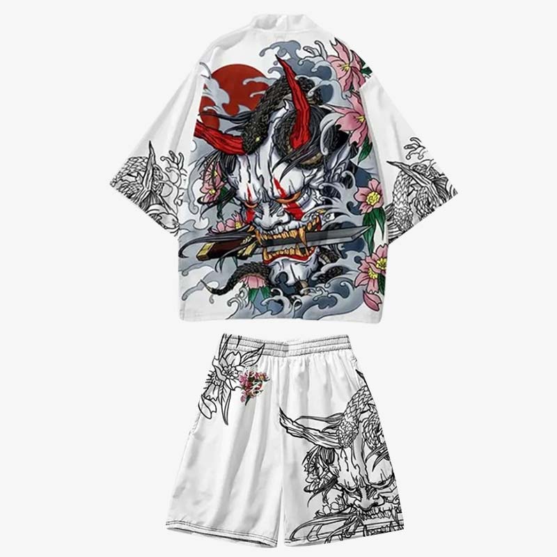 kimono ensemble homme couleur blanc avec imprimé de dessin de démon japonais Oni