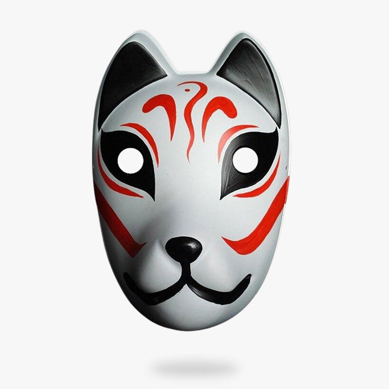 Ce masque renard japonais traditionnel est blanc et peint avec des motifs rouges. C'est un masque Kitsune des ninja anbu dans Naruto