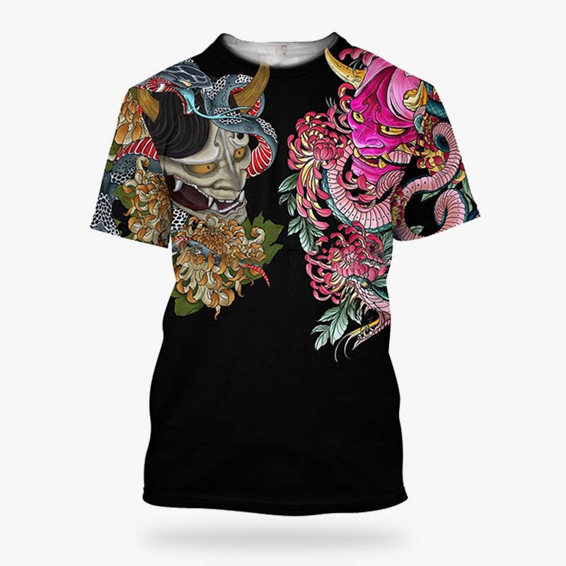 Un t-shirt tatouage japonais imprimé avec des motifs de démons japonais Oni. Le tshirt japonais est en coton