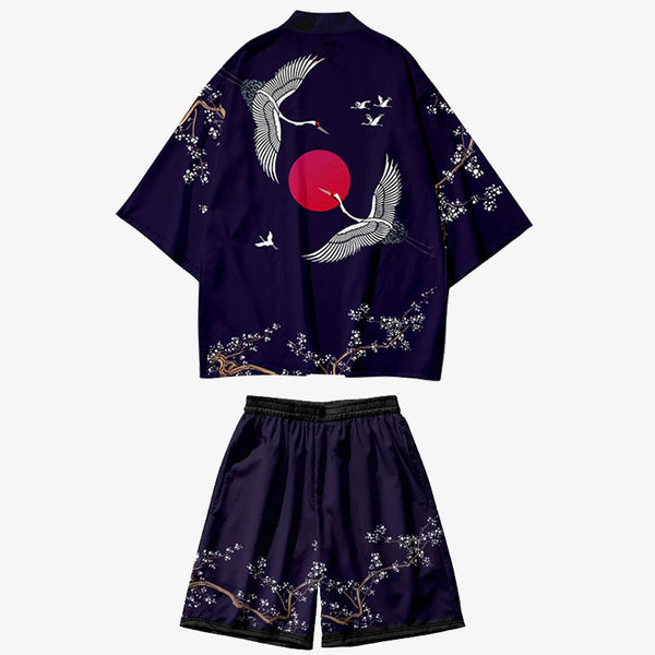 Vetement motif japonais de couleur violette avec deux oiseaux grues Tsuru
