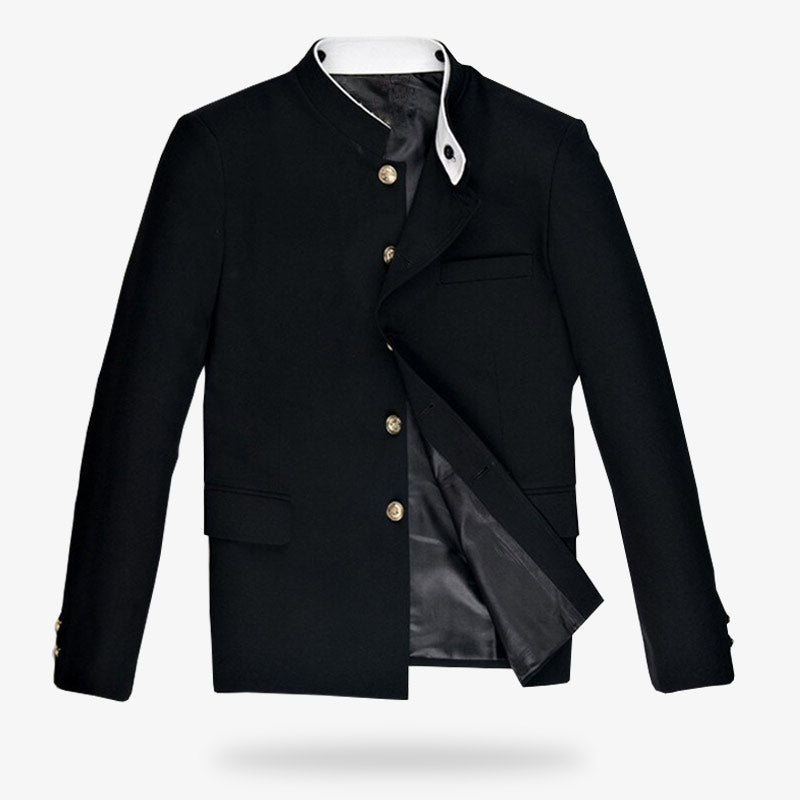 Cosplay uniforme japonais homme reproduisant le Gakuran, une veste noire boutonnée emblématique des lycéens japonais.