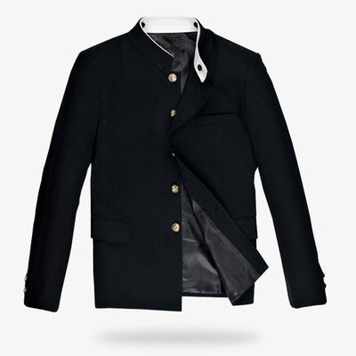 Cosplay uniforme japonais homme reproduisant le Gakuran, une veste noire boutonnée emblématique des lycéens japonais.