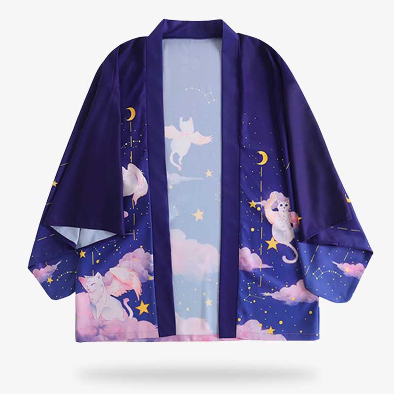 Ce haori japonais a une coupe oversize. C'est une veste kimono de couleur bleue fabriqué en coton et polyester. Il y a des motifs de Maneki Neko (chat) imprimés sur la veste