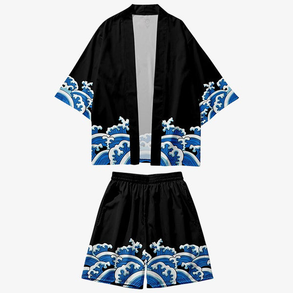 ensemble kimono short japonais noir et bleu avec des motifs de vagues du Japon