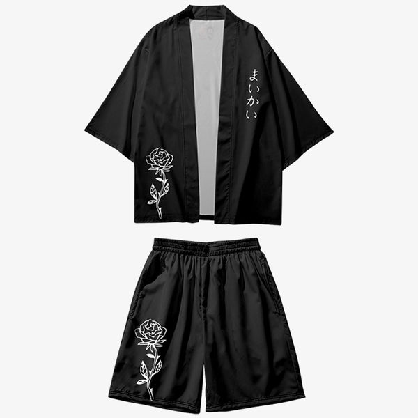 Ensemble kimono short noir avec un kanji japonais et une rose imprimé sur le tissu