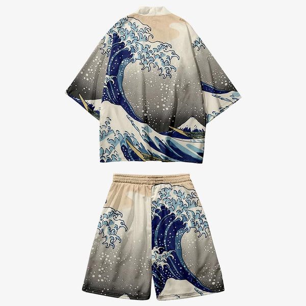 ensemble kimono japonais avec une veste et un short au symbole de la vague japonaise