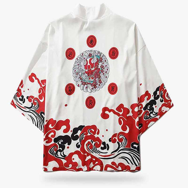 Splendide veste haori de style kimono pour homme de couleur blanche. Démon japonais et vague imprimés sur le tissu du Haori. Vetement japonais blanc et rouge