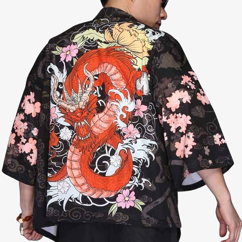 Haori japonais homme avec un motif japonais de dragon rouge