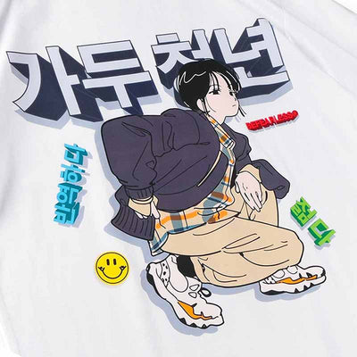 Un dessin manga imprimé sur un Harajuku Style t-shirt de couleur blanc