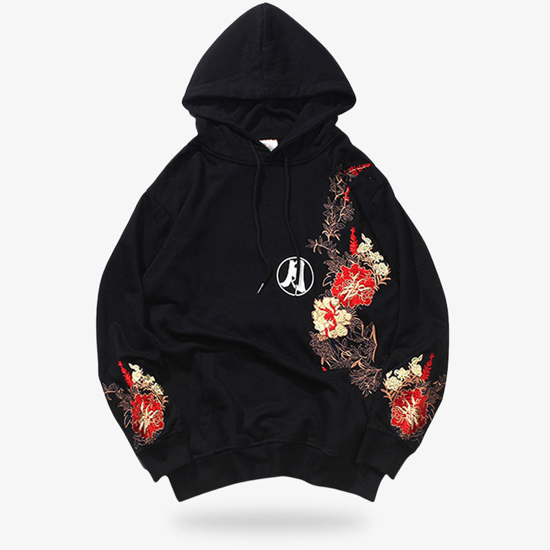 Voici un hoodie motif japonais avec des fleurs sakuras rouges et dorés