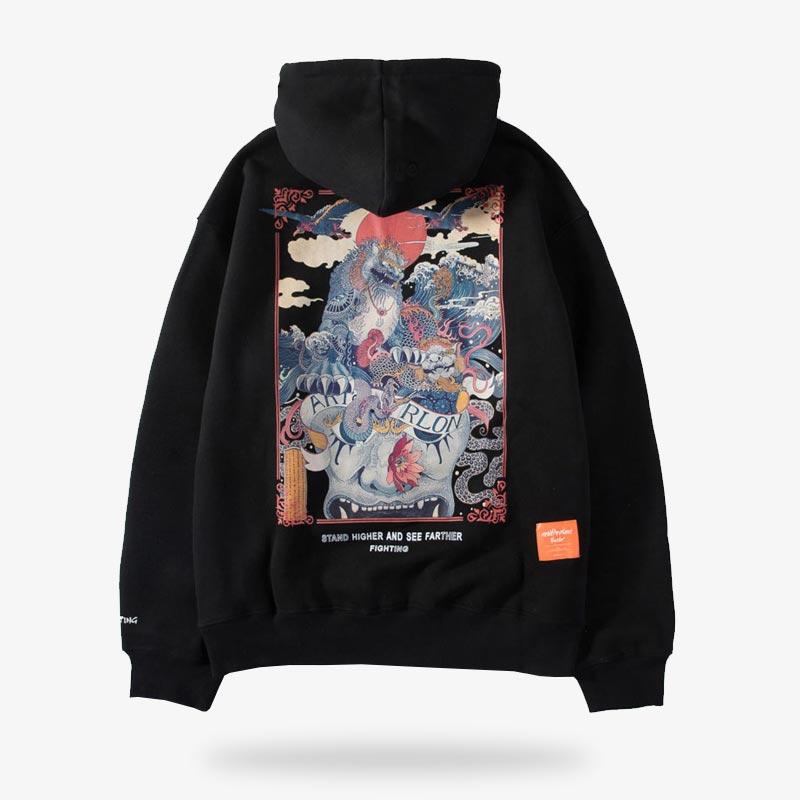 Un hoodie symbole japonais avec un motif de lion japonais Komainu. C'est le protecteur des temples