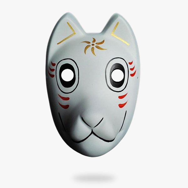 Ce hotarubi no mori e masque est en forme de tête de renard blanc. Il est peint avec des motifs