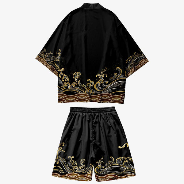ensemble kimono d'ete japonais avec un short et une veste haori noir